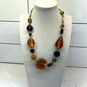 Art Glass Beaded Necklace with Bright Orange and Brown Foil Glass Beads